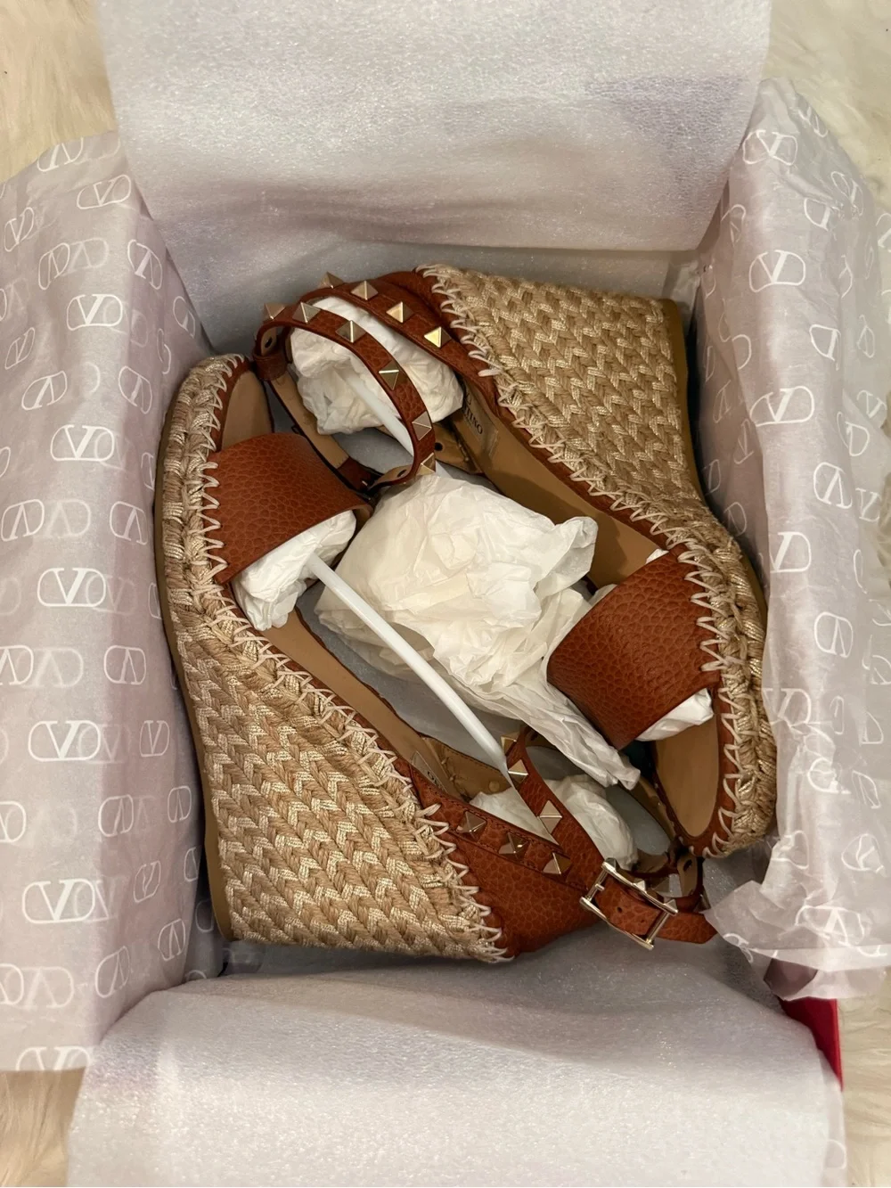 Valentino Brown Leather Rockstud Espadrille Wedge Sandals